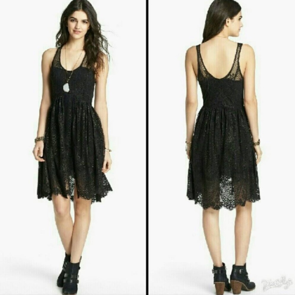 Free People Black Lace Flowy Solid Retro A-Line Dress Size 8